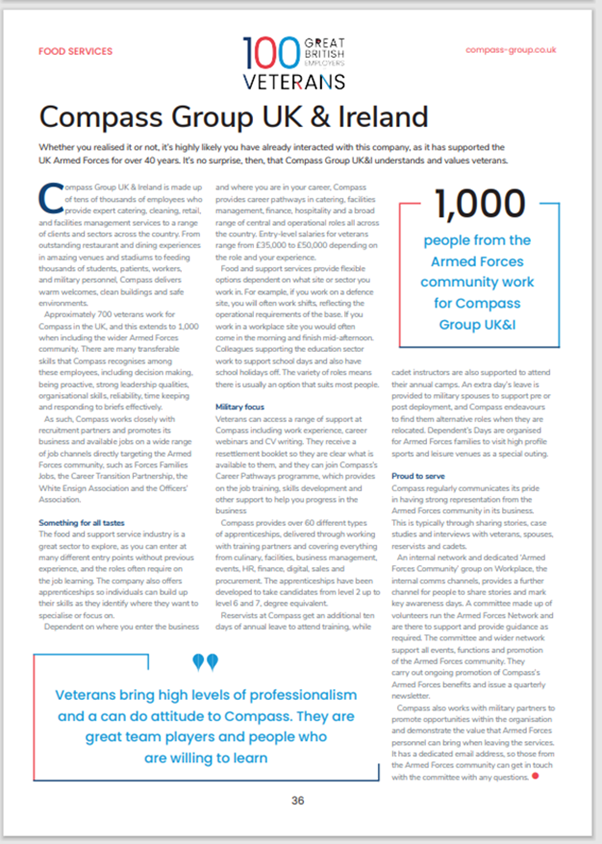 Compass featured in the 100 Great British Employers of Veterans guide